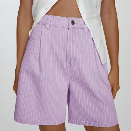 T588-1165   Casual loose striped high waisted denim shorts