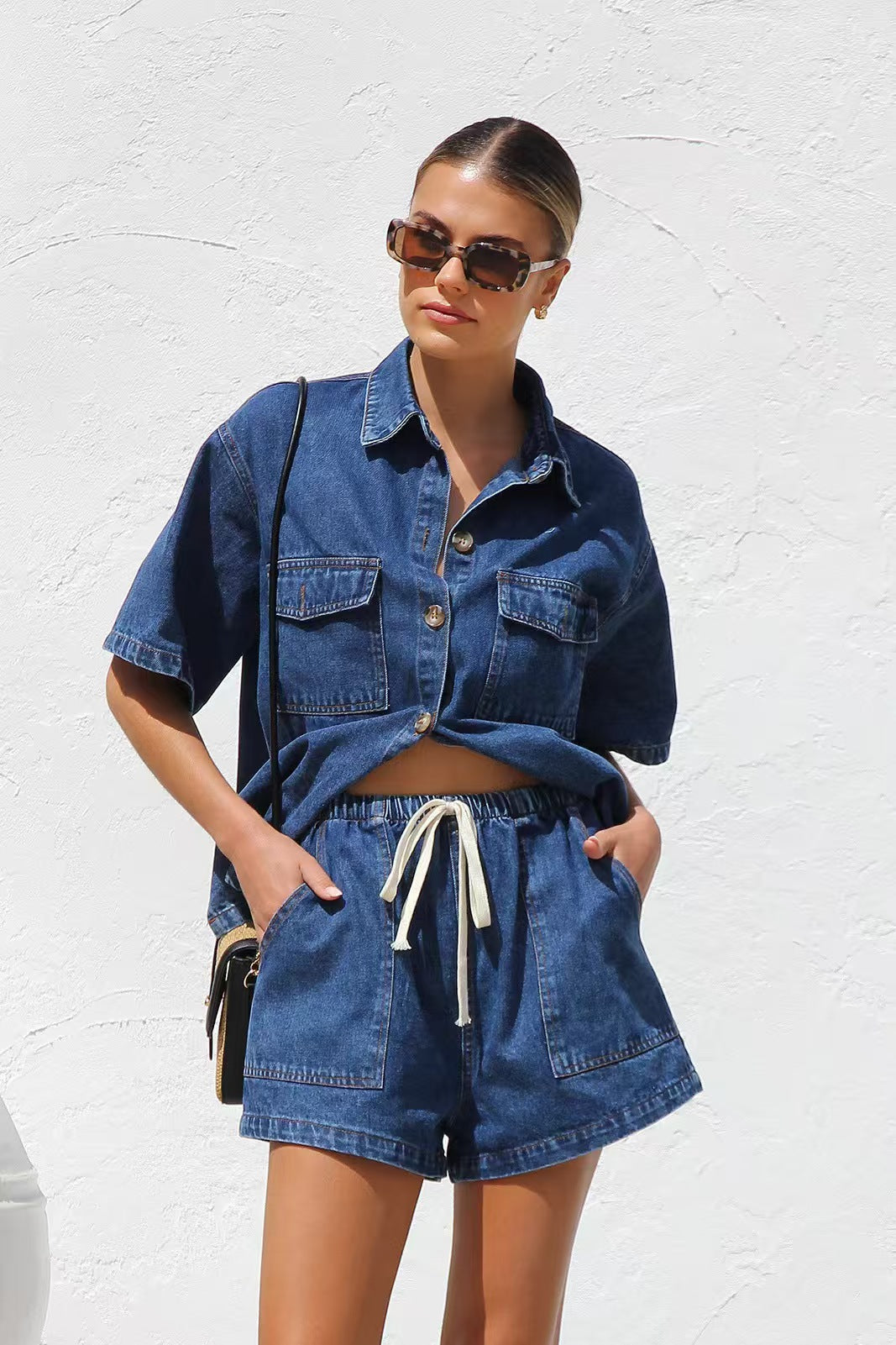 T588-184   Casual loose pocket short sleeved shirt shorts set