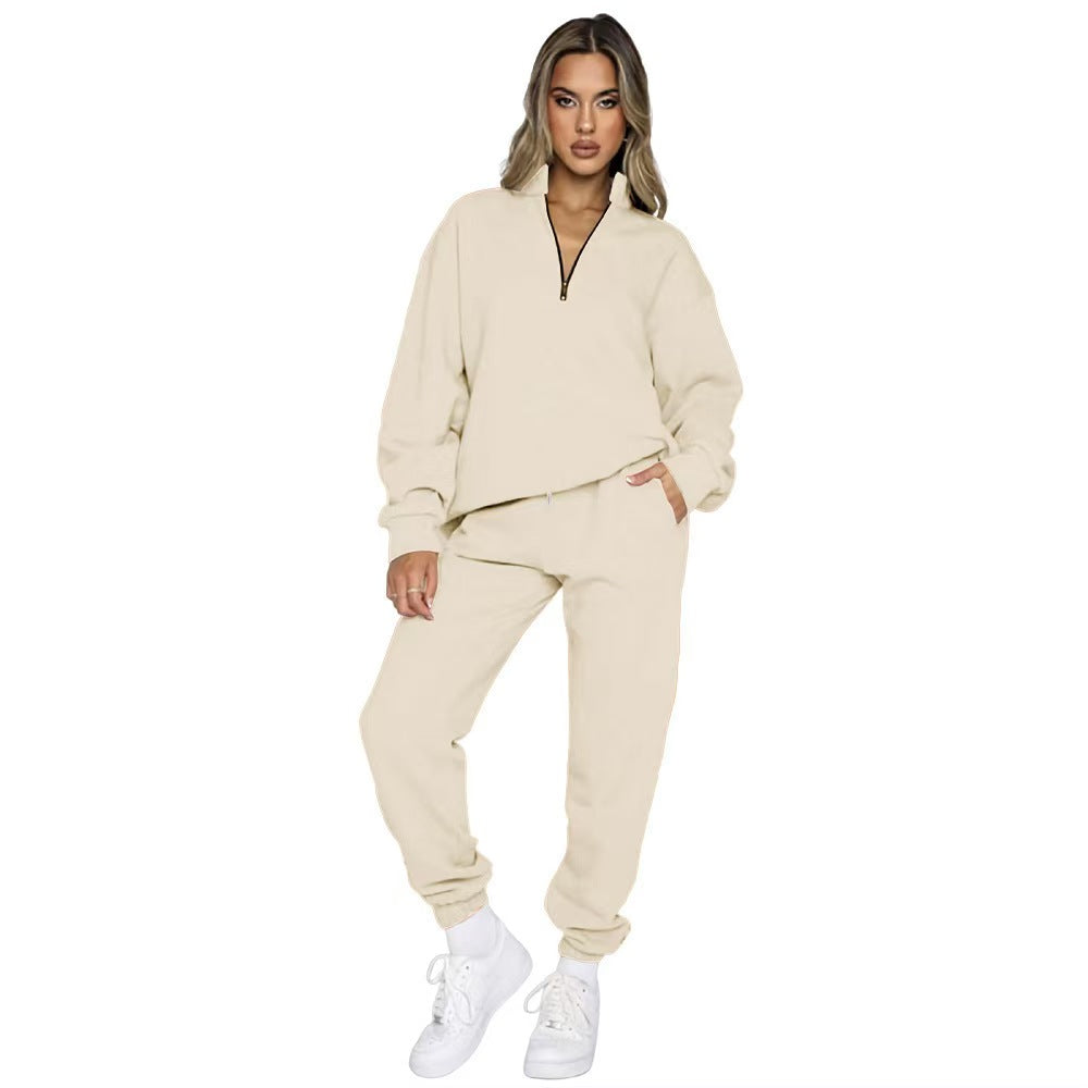 T588-812  Stand up collar pullover solid color hoodie set long sleeved