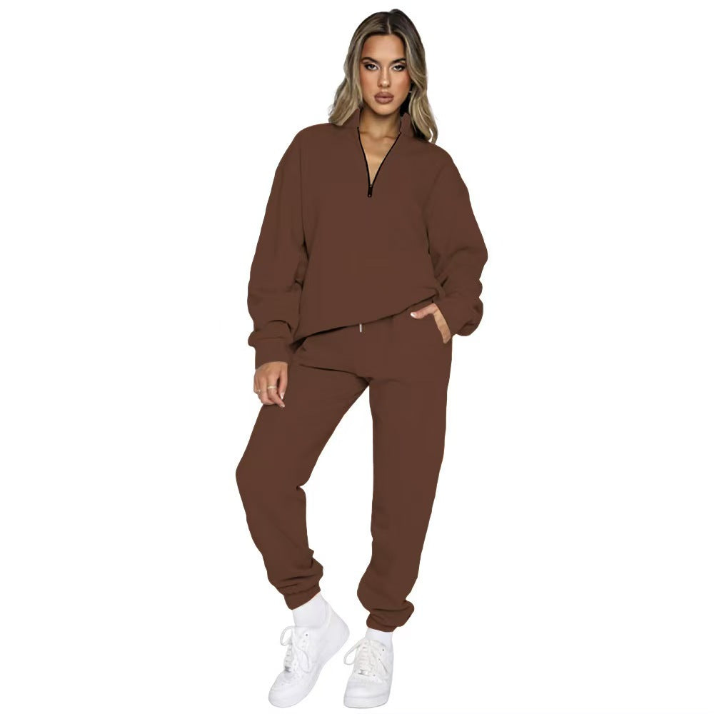 T588-812  Stand up collar pullover solid color hoodie set long sleeved