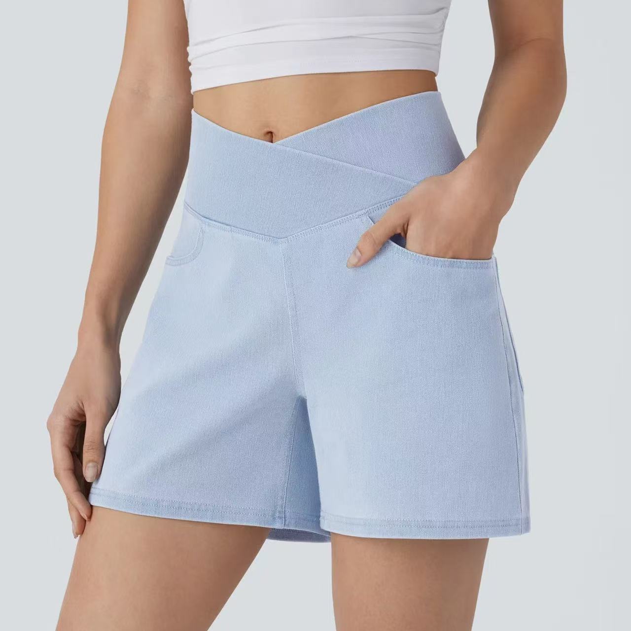 T588-1093 Cross high waisted denim shorts, casual cycling pants
